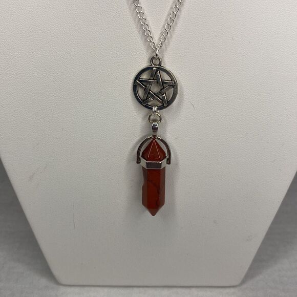 Celestial Necklace, Pendant, Universe Pentagram Celtic Red Stone Silvertone Gift - Picture 3 of 4